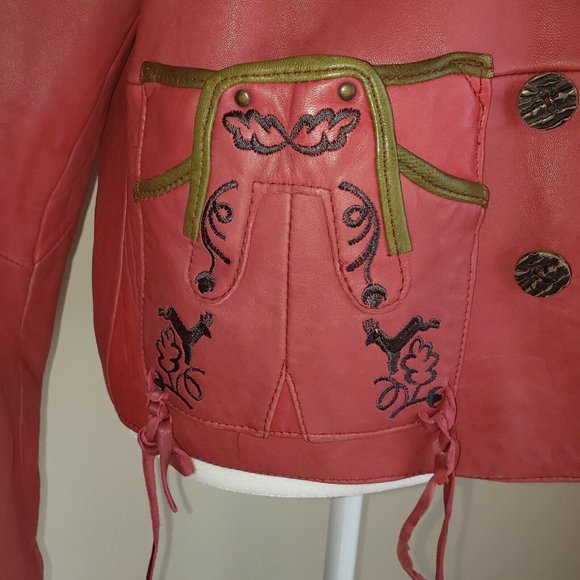 Leather Sound LS Red Leather Jacket Green Accents Sz 38 Vintage 80s - Picture 4 of 12